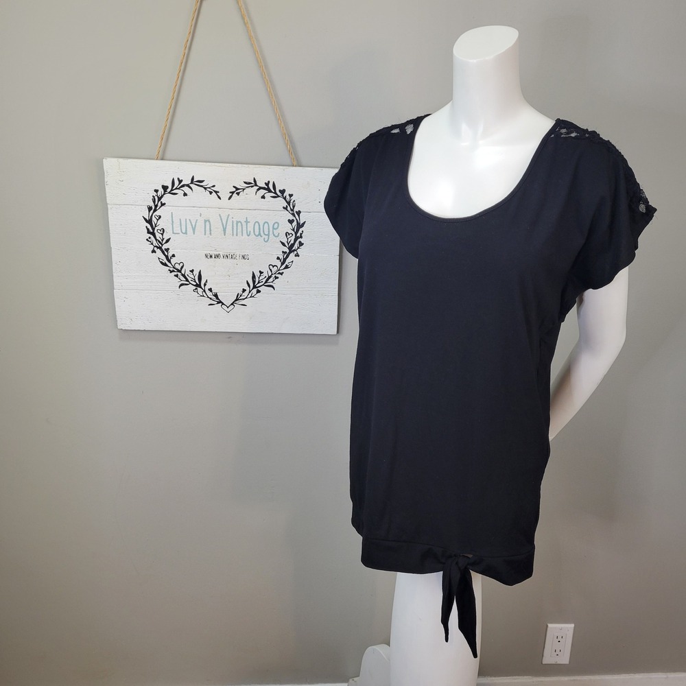 Oh Baby Black Tie Waist Tunic Top with Lace Shoulder‎ Detail Short Sleeve Size M